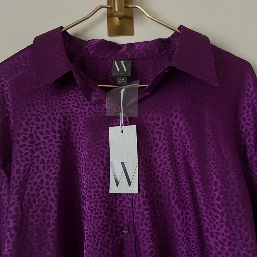 Women's RETRO Purple Leopard Print satin cocktail Button Down Shirt XXL NWT - Picture 2 of 6